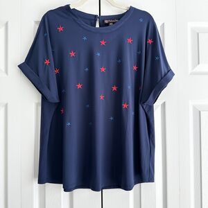Volume One Women’s Patriotic Star Print Short Sleeve Top Navy Blue XL